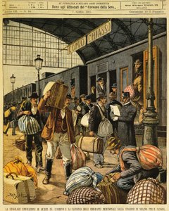 A nagy emigráció: dél-olasz emigránsok érkezése és távozása Kanadába, Achille Beltrame (1871-1945), La Domenica del Corriere-ből, 1901. április 7. alkotó: Achille Beltrame
