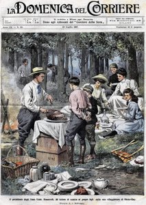 Theodore Roosevelt, az Egyesült Államok elnöke (1858-1919) úgy tanította fiait a jó társadalom emberének kötelességeire, hogy levágta a lábát egy piknik közben, Oister Bay-ben. Illusztráció: Achille Beltrame. La Domenica del Corriere alkotó: Achille Beltrame