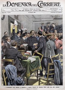 Maxim Gorki érkezése a londoni kongresszus tárgyalójába az 1905-ös oroszországi forradalom után. A La Domenica del Corriere borítója 1907.05.26. alkotó: Achille Beltrame