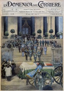 Aosta hercege halandó maradványainak áldása Torinóban, miután a temetési menet átszelte az egész várost - dess. de A. Beltrame: „” la Domenica del Corriere”” 1931.07.19. alkotó: Achille Beltrame
