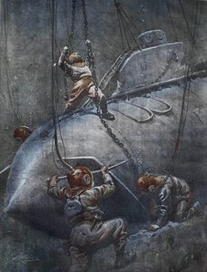 A „Pluviose” francia tengeralattjáró katasztrófája 1910-ben. A szaggatott hajók megpróbálják rögzíteni a láncokat, hogy felhúzzák. Illusztráció: Achille Beltrame. alkotó: Achille Beltrame
