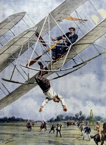 A levegő drámái: Orville Wright és Selfridge amerikai hadnagy harminc méteres magasságból száguldozik gépével. Illusztráció: Beltrame. La Domenica del Corriere. 1908. alkotó: Achille Beltrame