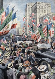 Az amerikaiak lelkes fogadtatása Ferdinand de Savoynak, Genova hercegének és Udine hercegének (1884-1963), amikor Bostonba érkezett. Ill. de Beltrame. La Domenica del Corriere. 06/1917. alkotó: Achille Beltrame