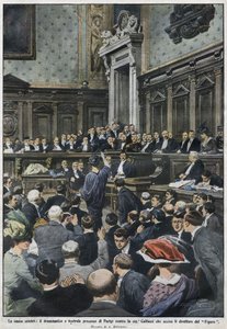 A nagy procés: Madame Caillaux nagy procéja Párizsban, aki meggyilkolta a Figaro igazgatóját. „La Domenica del Corriere”, 1914. november 22–29. alkotó: Achille Beltrame