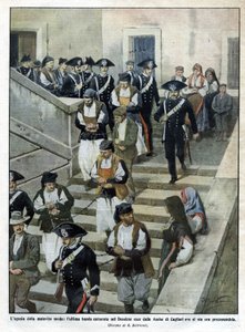 A szardíniai malfratok utolsó bandája, amikor elhagyják a Cagliari-i Assize Bíróságot, ahol a per zajlik. Beltrame illusztrációja. La Domenica del Corriere. 07/1913. alkotó: Achille Beltrame