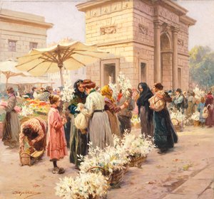 Liliompiac a milánói Porta Garibaldiban, Achille Beltrame (1871-1945), La Domenica del Corriere, Olaszország XX. századi alkotó: Achille Beltrame