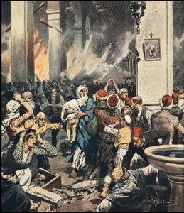 Örménymészárlások Törökországban 1909-ben Adanában, Achilles Beltrame (1871-1945) illusztrációja a „La Domenica del Corriere” 1909 májusában alkotó: Achille Beltrame