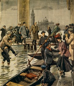 A magas víz jelensége a velencei Szent Márk téren, Achille Beltrame (1871-1945) a La Domenica del Corriere-ből alkotó: Achille Beltrame