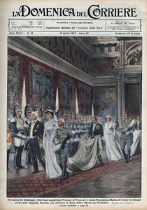 A királyi pár, III. Viktor Emmanuel (Victor-Emmanuel) (III. Vittorio Emanuele) (1869-1947) és felesége, montenegrói Heléne, majd II. Humbert (Umberto) herceg és Mária José (belga Marie-Jose, savoiai Maria José) ) menjen a Paolina kápolnába (Paol alkotó: Achille Beltrame