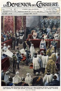 Lídia arenbergi hercegnő és Pistoia hercegének esküvője: pompás szertartás a torinói katedrálisban, a Savoyai-ház uralkodói és hercegei, valamint az Arenberg család jelenlétében. Ill. de Baltrame. La Domenica del Corriere. 1928.05.13 alkotó: Achille Beltrame