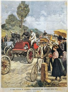 Olaszországi körút autóval, a Corriere della Sera támogatásával, Achille Beltrame illusztrációja a La Domenica del Corriere-ből, május 19. alkotó: Achille Beltrame