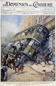 Villamosbaleset a skóciai Glasgow-ban: az egyik autó egy porcelán vitrinre és a járókelőkre ömlött – A. Beltrame rajza a „La Domenica del Corriere”-ben, 1931. február 1. alkotó: Achille Beltrame