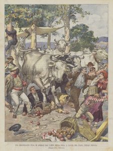 Izgalmas menekülés állatok számára a Campo della Fiera-ból, Castel del Piano-ban, Perugia közelében alkotó: Achille Beltrame