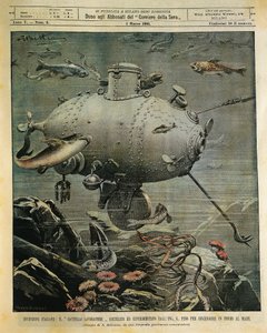Víz alatti tengeri hajó a tengerfenék felfedezéséhez, Achille Beltrame (1871-1945) illusztrációja, La Domenica del Corriere, március 1. alkotó: Achille Beltrame