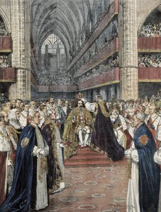 Egyesült Királyság (1901). VII. Edward koronázása a westminsteri apátságban. Achille Beltrame illusztrációja a Domenica del Corriere-ben jelent meg. Metszés. alkotó: Achille Beltrame