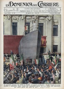 Benito Mussolini herceg látogatása Messinában egy szicíliai utazás során. Illusztráció: Achille Beltrame a „La domenica del corriere”-ből, 1937.08.22. alkotó: Achille Beltrame