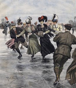 Téli mulatság. Korcsolyázók. Achille Beltrame illusztrációja 1907-ben. alkotó: Achille Beltrame