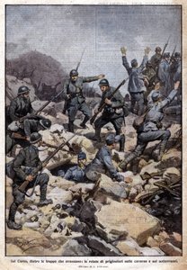I. világháború: olasz front a Carso-fennsíkon (Trentino) és foglyok a föld alatt. „Domenica del Corriere”. 1917/07 (kőnyomat) alkotó: Achille Beltrame
