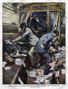 banditák a támadásnál egy postavonatban Nápoly és Avellino között 1910-ben. Achilles Beltrame illusztráció a Domenica del corriere-hez. alkotó: Achille Beltrame