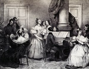 Családi koncert zongorával, Achille Deveria (1800-1857), metszet, Franciaország