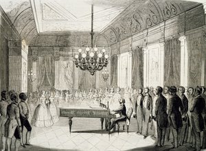 Zenés est zongorával, Achille Deveria (1800-1857), metszet, Franciaország