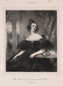 Fiatal nő legyezővel az asztalnál ülve, 1835. alkotó: Achille Devéria