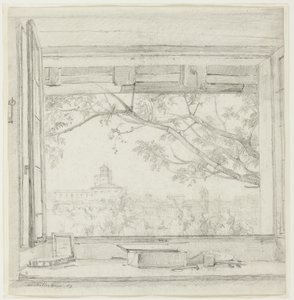A Villa Medici és a Sta Trinità dei Monti látképe Ingres műterméből a római Pavillon San Gaetano-ban, Róma