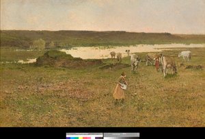 Sesto Calende közelében, Lombardia, Olaszország vagy "Legelés a síkságon" (Sesto Calende közelében, Olaszország vagy legelés a síkságon) Achille Formis (1832-1906) festménye 1887 Magángyűjtemény alkotó: Achille Formis Befani