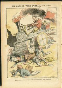 Illusztráció: Achille Lemot (1846-1909) Le Pelerinben, 2006.05.27 - Menet az ideális felé - Társadalmi, Autó, Holttestek, Forradalom, Vörös zászló, Gazdaság, Szocializmus, Pneumatika, Szúrás alkotó: Achille Lemot