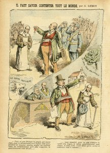 Illusztráció Achille Lemotról (1846-1909) a Le Pelerinben, 03.09.05 - Tudnod kell, hogyan kell mindenkinek a kedvében járni - Antiklerikalizmus, antimakonizmus, szabadulás, valláshit, érem, baloldali blokk, katolikus katolicizmus - vallási kilakoltatás, ál alkotó: Achille Lemot