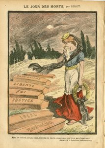 Illusztráció Achille Lemotról (1846-1909) Le Pelerinben, 07.11.03 - A halottak napja - Igazságszolgáltatás, Valláshit, Liberte, Franciaország, Háromszínű zászló, Hazafiság, Gyászoló temetés, Kitüntetés, Koporsó - Marianne - Halál, vallási metafora alkotó: Achille Lemot