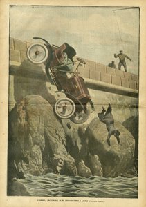 Illusztráció: Achille Lemot (1846-1909) Le Pelerinben, 2007.05.05 - Cannes-ban Liegard úr autója a tengerbe zuhan - Vegyes tények, autóipar, tengeri tengeri tengerpart, balesetek katasztrófák alkotó: Achille Lemot