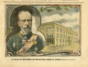 Illusztráció Achille Lemotról (1846-1909) Le Pelerinben, 05.08.20 - A palota, ahol az orosz és a japán tárgyalópartnerek újra egyesülnek - Oroszország, Japán, orosz-japán háború, Portsmouth - Witte Serge (1849-1915) alkotó: Achille Lemot