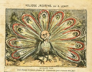 Illusztráció: Achille Lemot (1846-1909) Le Pelerinben, 01/26/08 - Jakobinus madárház - Bloc des lefts, Borválság Revolte des vignerons, Narbonne, Beziers, Aurore (napló) - Clemenceau George, Páva, - Állatosítás alkotó: Achille Lemot