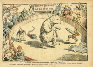 Illusztráció: Achille Lemot (1846-1909) a Le Pelerinben, 2004.02.28 - Különféle nemzetek hozzáállása... - Oroszország, orosz-japán háború - Combes Emile, Medve, Fair Bear - animáció, karnevál/játék/cirkusz