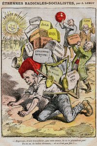 Radikálszocialisták (szocialista radikálisok): Achille Lemot (1846-1909) karikatúrája a Le Pelerinben (1909) - egy munkás összeomlik a kormány és Georges Clemenceau rossz gazdálkodásából eredő adók, illetékek és kellemetlenségek terhe alatt - sztrájkok, d