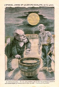 Szocialista képviselő, aki a holdat (nyugdíjba vonulást) ígéri egy szegény proletárnak (ács), a Le Pelerin, 1391. számú katolikus hetilap 1903. augusztus 30-i számában, A. Lemot (rajz) alkotó: Achille Lemot