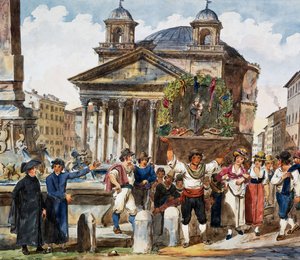 Eperfesztivál a római Pantheonban, Achille Pinelli (1809-1841) akvarellje, Olaszország