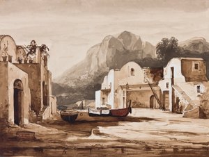 nápolyi tengerparti falu, esetleg Capri Monte Solaroval, Alfonso herceg kiegészítésével Maria di Borbone (1841-1934) (ceruza, szépia mosás és gouache papíron)