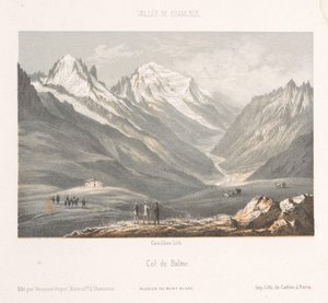 Kilátás Les Planards falujára a Montenvers felé vezető úton Les Planaz, chemin du Montanvert (cím a tárgyon) Chamonix-Mont-Blanc emléke (sorozat címe) Museum du Mont Blanc (sorozat címe)