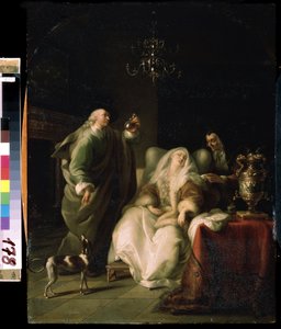 "La consult du medecin" (Beteg nő és orvos) Az orvos megvizsgál egy fiola vizeletet egy beteg hölgy konzultációja során. Adam Braun (1748-1827) festménye: Mikhail Kroshitsky Művészeti Múzeum, Szevasztopol (Szevasztopol) Ukrajna alkotó: Adam Braun