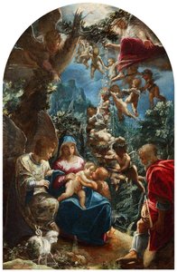 Olasz: sacra famiglia con san giovannino e un angelo A Szent Család Keresztelő Szent János csecsemővel és angyalokkal. alkotó: Adam Elsheimer
