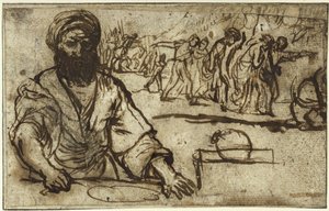 Ülő szakállas férfi, a háttérben emberek és lovasok menete alkotó: Adam Elsheimer