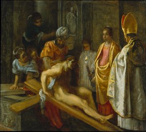 A valódi kereszt felmagasztalásának frankfurti oltárképe: A kereszt próbája (középen jobbra) alkotó: Adam Elsheimer