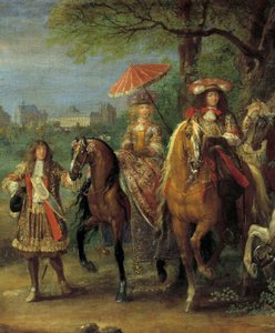 XIV. Lajos király (1638-1715) és Marie Teréz osztrák királynő (1638-1683) a Vincennes-i kastély előtt sétálnak Adam Frans Van der Meulen (1632-1690) 1669-es festményének részletében. alkotó: Adam Frans van der Meulen