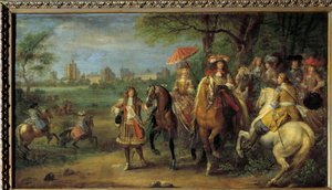 XIV. Lajos király (1638-1715) és Marie Teréz osztrák királynő (1638-1683) Vincennes vára előtt sétálnak 1669-ben Adam Frans Van der Meulen (1632-1690) festménye alkotó: Adam Frans van der Meulen