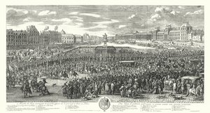 XIV. Lajos francia és őrsége a párizsi Pont-Neuf-on át a Palais du Louvre felé (metszet) alkotó: Adam Frans van der Meulen