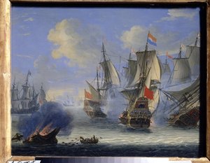 Tengeri csata (A tengeri csata). Silo Ádám (1674-1757) festménye. Olaj, vászon, 25 x 33,5 cm. holland művészet, barokk művészet. Állami Művészeti Múzeum, Tula (vagy Tolan).