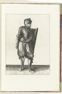 A gyakorlat a céltáblával és a karddal: a katona hátulról hozza a céltáblát a bal vállán át (2. sz.), 1618 A Nassausche Wapen-Handelinge, van Schilt, Kémek, Rappier és a célpont : figuerlick mellett ábrázolva, és az új rend szerint bekeretezve (... alkotó: Adam van Breen