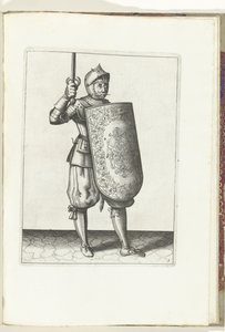 A célpont és kardász gyakorlat: A katona az arcánál nem magasabbra tartja a megrajzolt kardászt (5. sz.), 1618 A Nassausche Wapen-Handelinge, van Schilt, Kémek, Rappier és a Célpont: Beyde Figuerlick ábrázolva, és az új sorrend szerint bekeretezve. alkotó: Adam van Breen